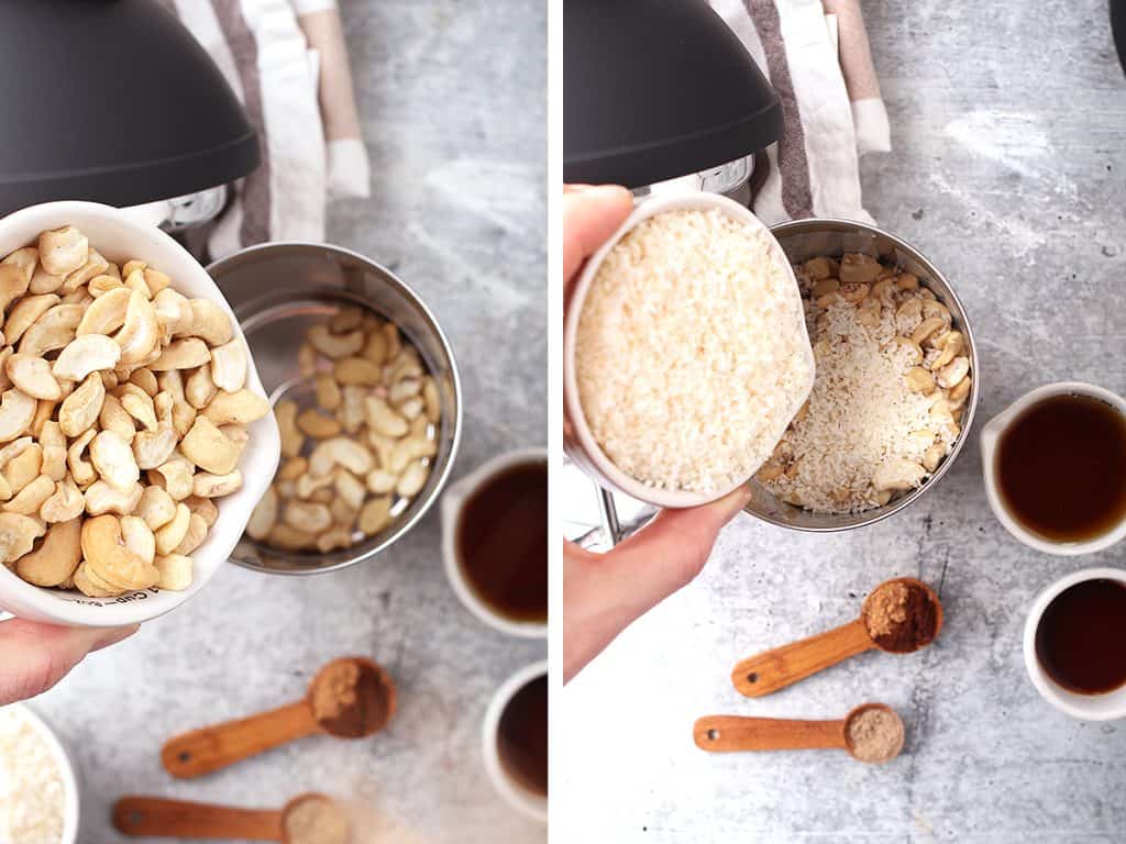 Cashews and shredded coconut poured into the Almond Cow base