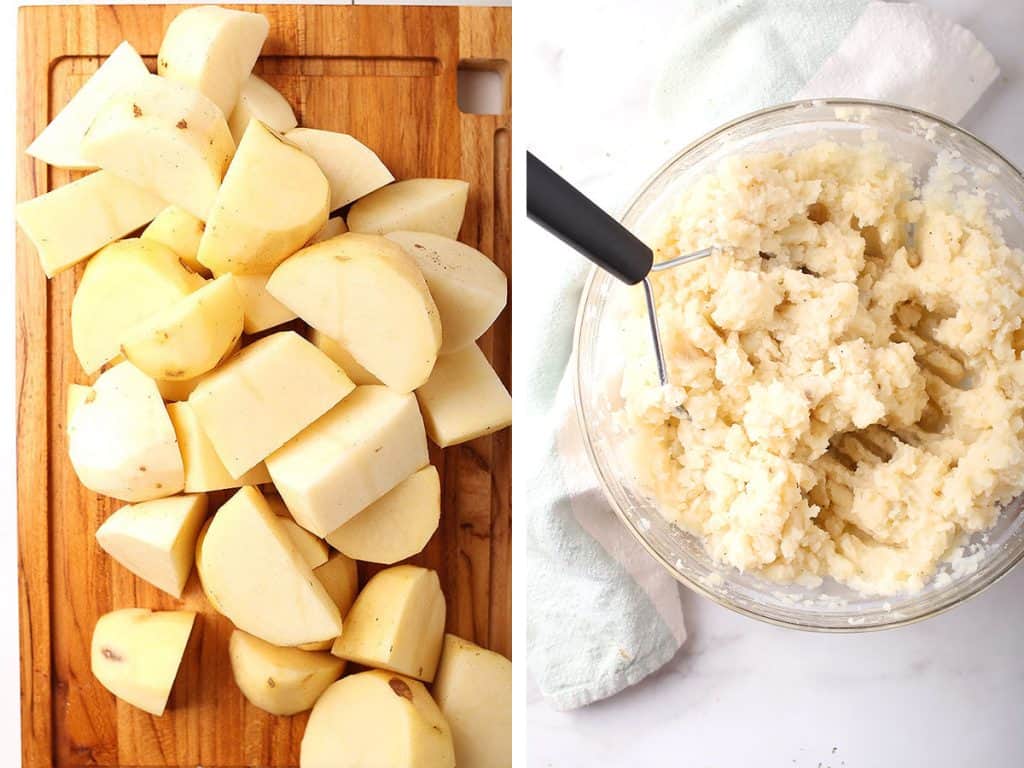 Diced and mashed potatoes in a glass bowl