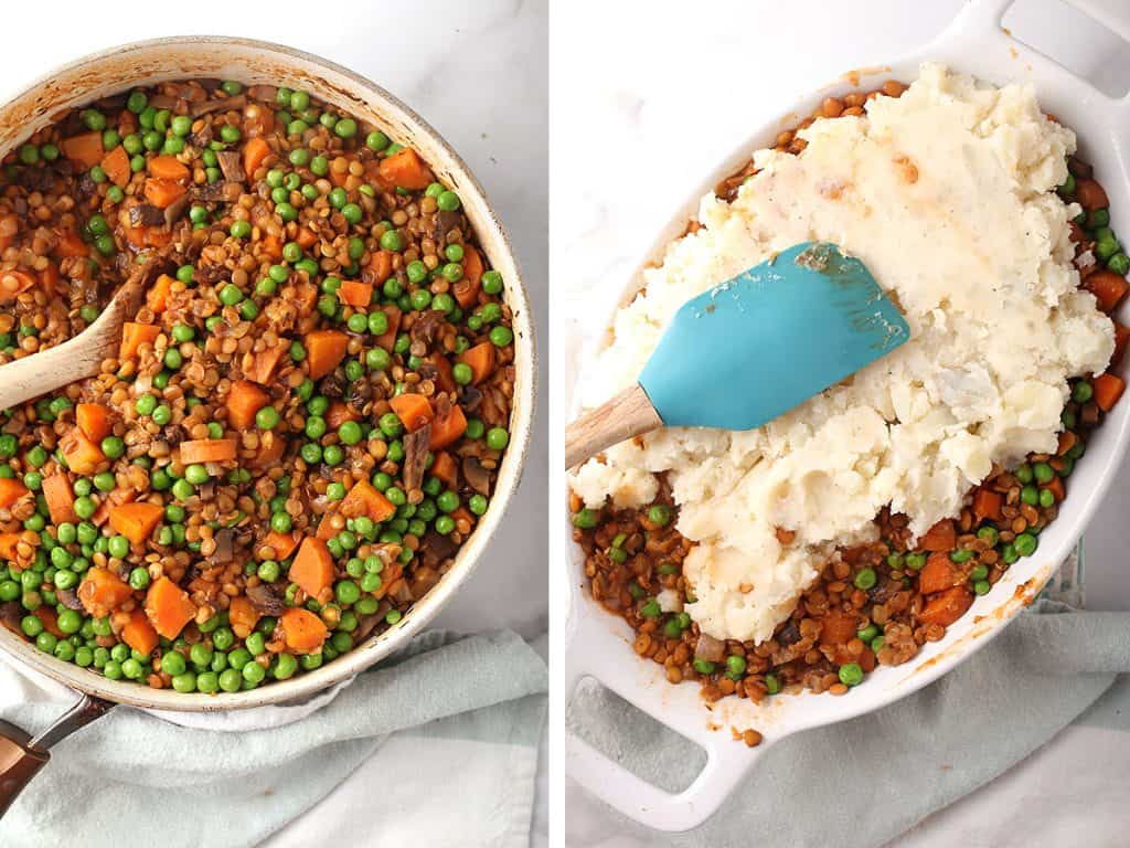 Cooked lentils, carrots, and peas in a large skillet