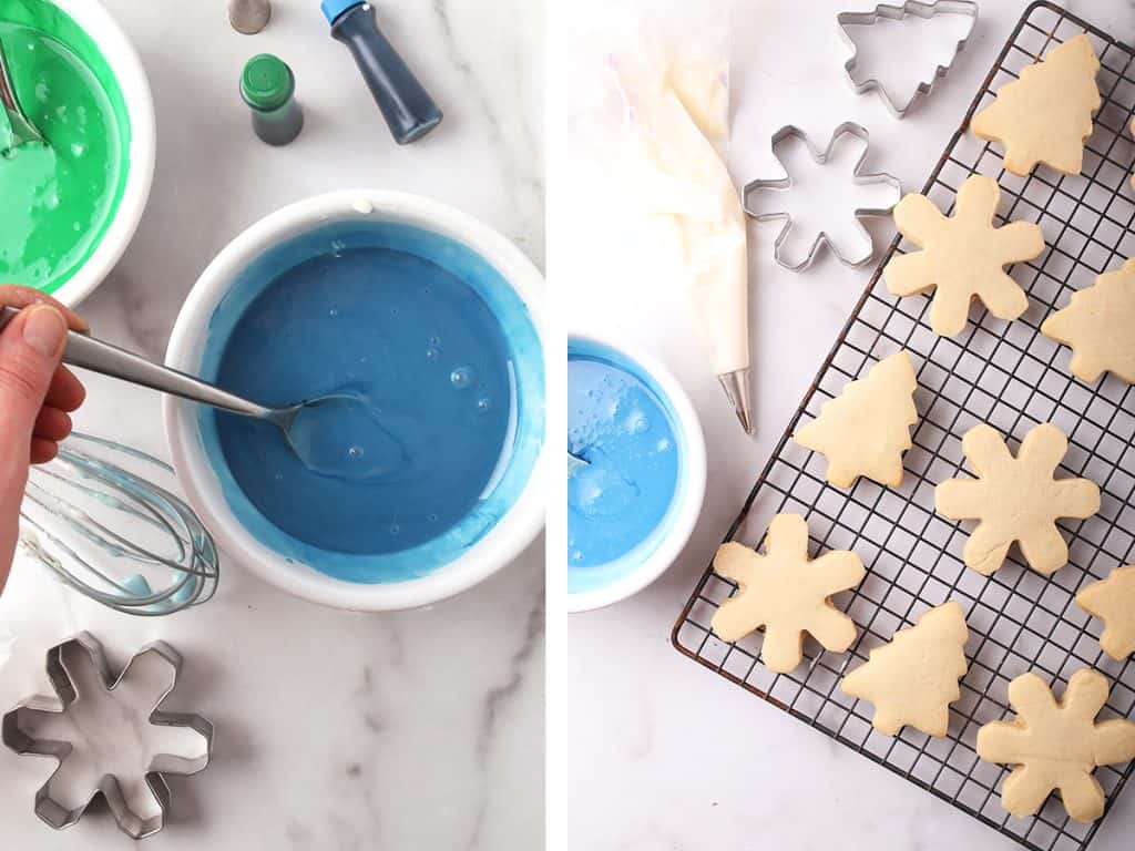 finished sugar cookies on a wire cooling rack