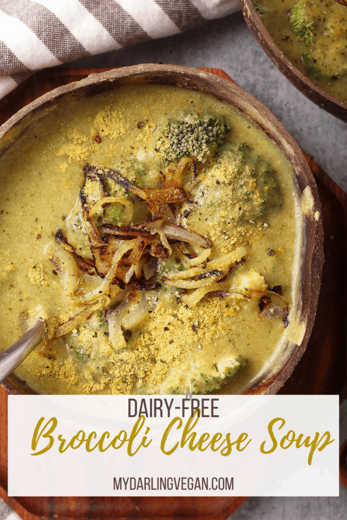 Vegan Broccoli Cheese Soup! Whip it up in minutes for a hearty, creamy, and oh so cheesy soup; it's perfect for a cold winter day. Made with fresh broccoli, russet potatoes, and vegan cheese sauce for a vegan and gluten-free meal.