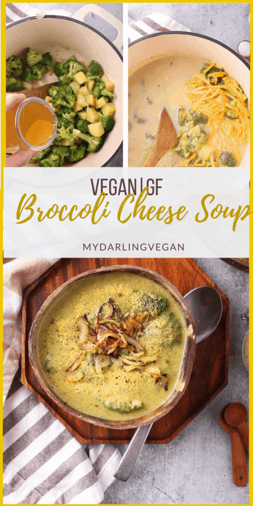 Vegan Broccoli Cheese Soup! Whip it up in minutes for a hearty, creamy, and oh so cheesy soup; it's perfect for a cold winter day. Made with fresh broccoli, russet potatoes, and vegan cheese sauce for a vegan and gluten-free meal.