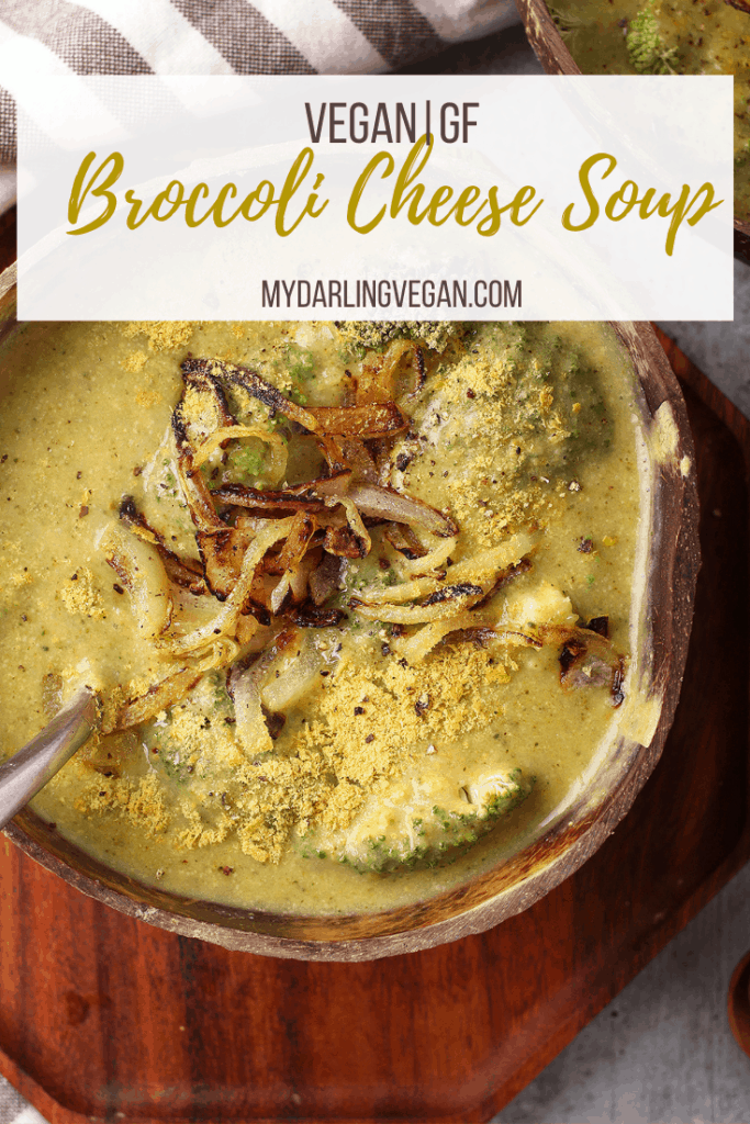 Vegan Broccoli Cheese Soup! Whip it up in minutes for a hearty, creamy, and oh so cheesy soup; it's perfect for a cold winter day. Made with fresh broccoli, russet potatoes, and vegan cheese sauce for a vegan and gluten-free meal.