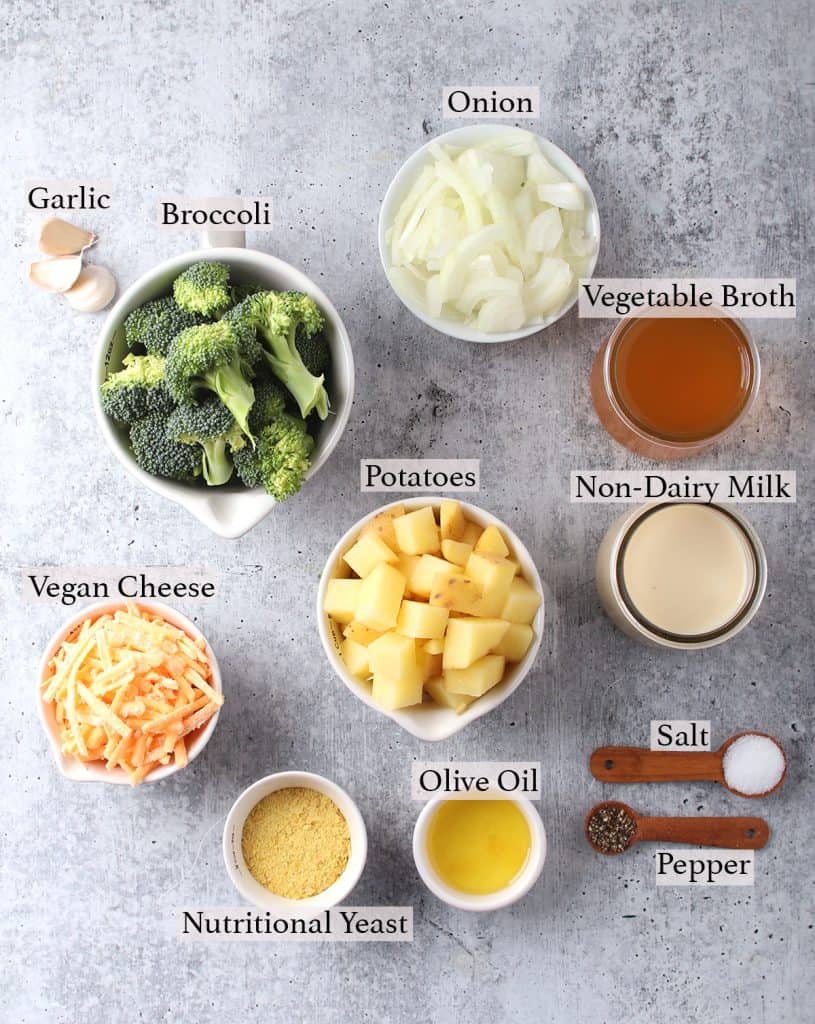 Ingredients for broccoli cheese soup measuring into small cups