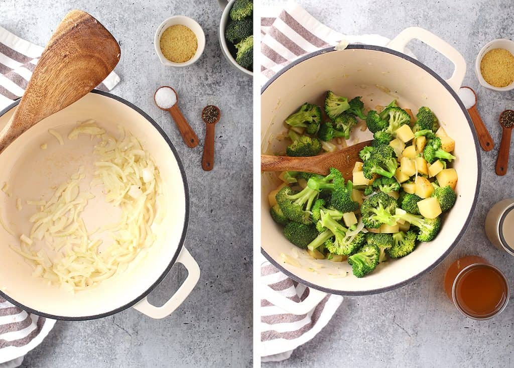 Sautéed onions, broccoli, and potatoes in a cast iron soup pot