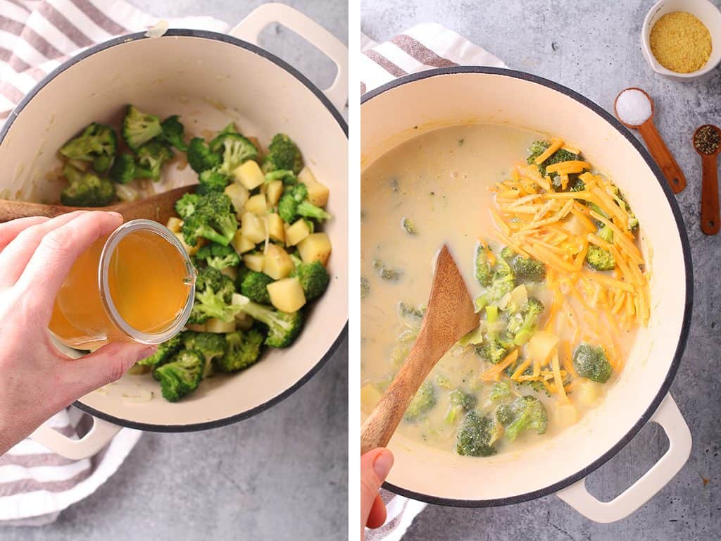 Broccoli cheese soup in a large cast iron soup pot