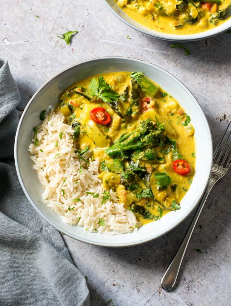 Bowl of creamy yellow curry and rice