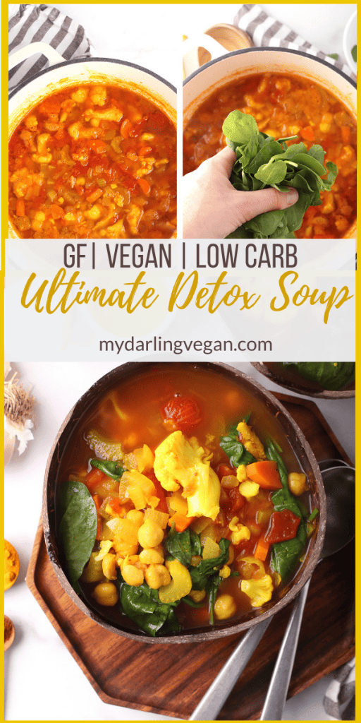 Get healthy with this delicious vegetable detox soup. It is filled with the best detoxifying foods like ginger, turmeric, and spinach for a hearty vegan and gluten-free winter meal.