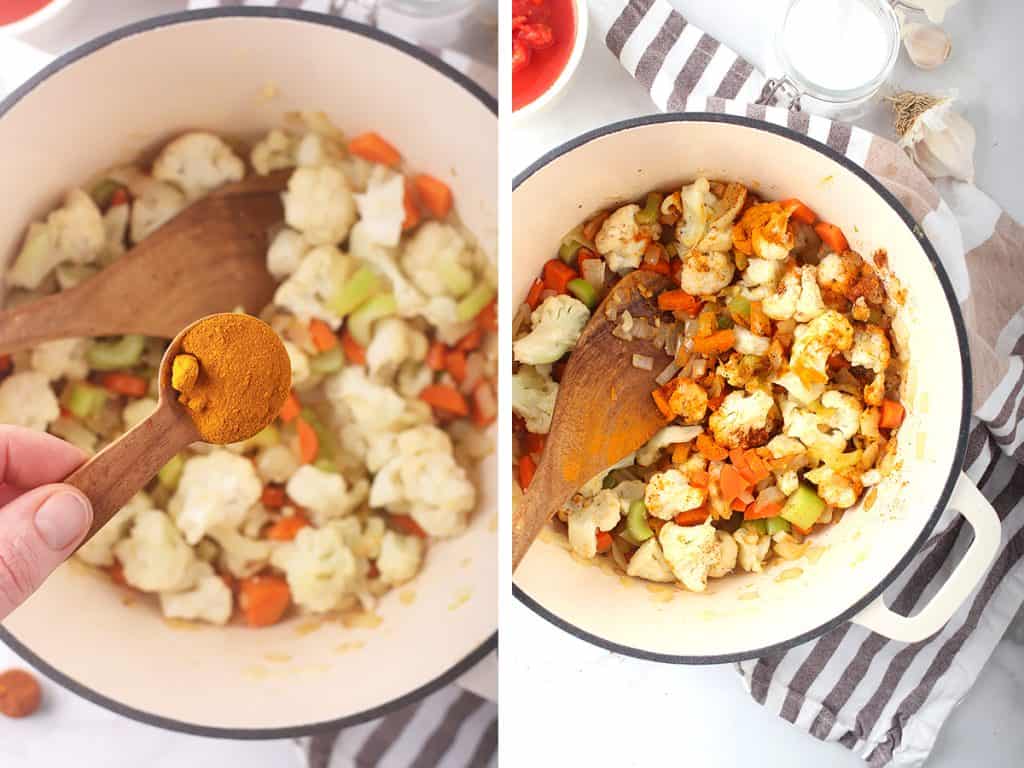 Sautéed and spiced vegetables in a white soup pot