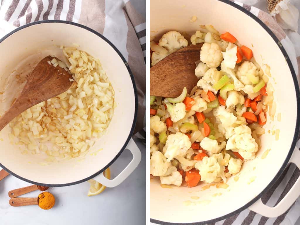 Sautéed vegetables in a white cast iron soup pot