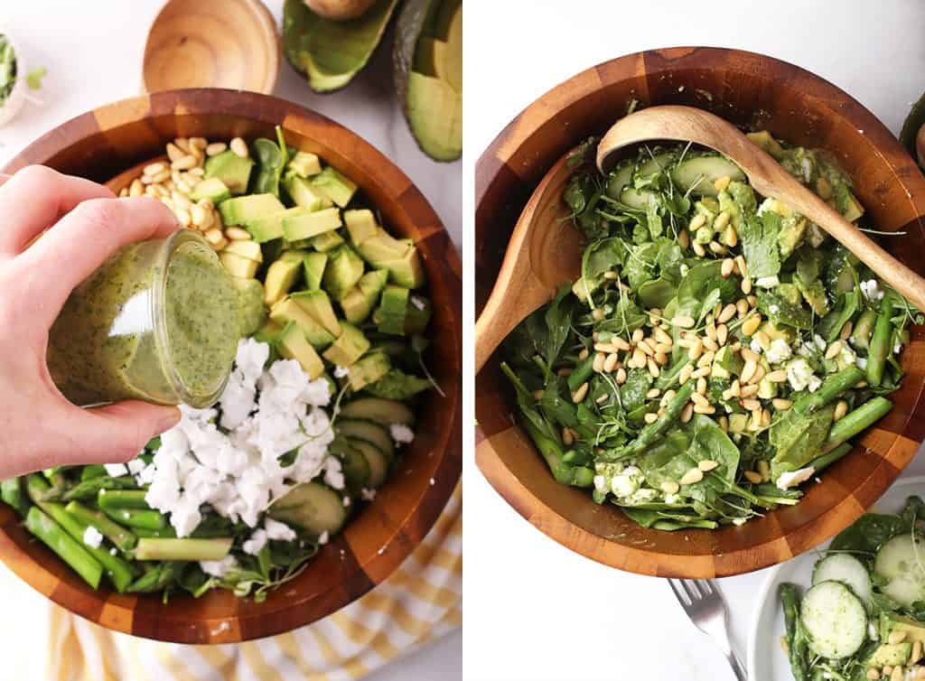 Green goddess dressing poured over a salad