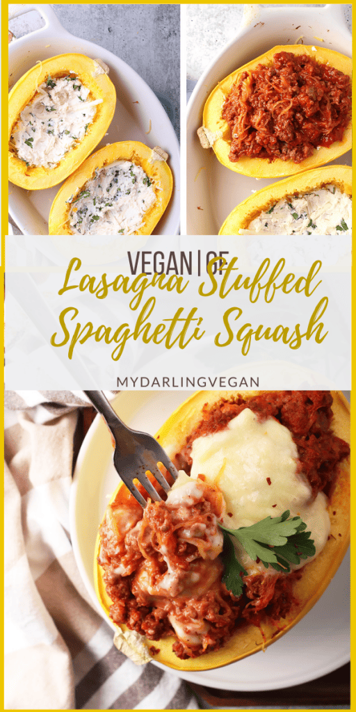 You're going to love this Lasagna Stuffed Spaghetti Squash. It's a blend of vegan ricotta and mozzarella mix with vegan ground beef in a homemade marinara sauce and all topped with melty cheese for a delicious plant based, gluten free meal.