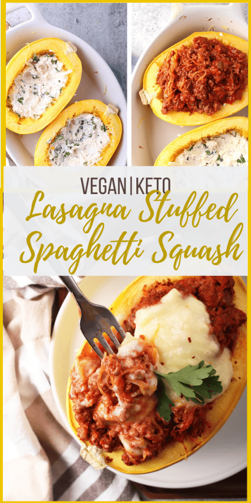 You're going to love this Lasagna Stuffed Spaghetti Squash. It's a blend of vegan ricotta and mozzarella mix with vegan ground beef in a homemade marinara sauce and all topped with melty cheese for a delicious plant based, gluten free meal.
