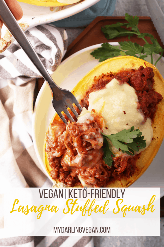 You're going to love this Lasagna Stuffed Spaghetti Squash. It's a blend of vegan ricotta and mozzarella mix with vegan ground beef in a homemade marinara sauce and all topped with melty cheese for a delicious plant based, gluten free meal.