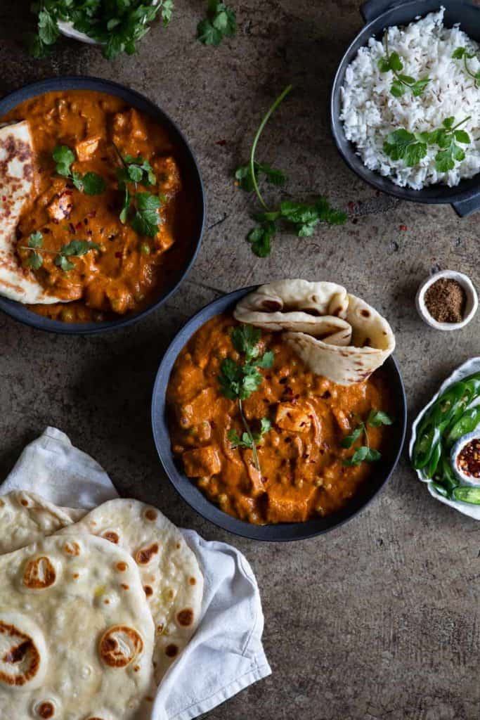 Two bowls of vegan matar Paneer