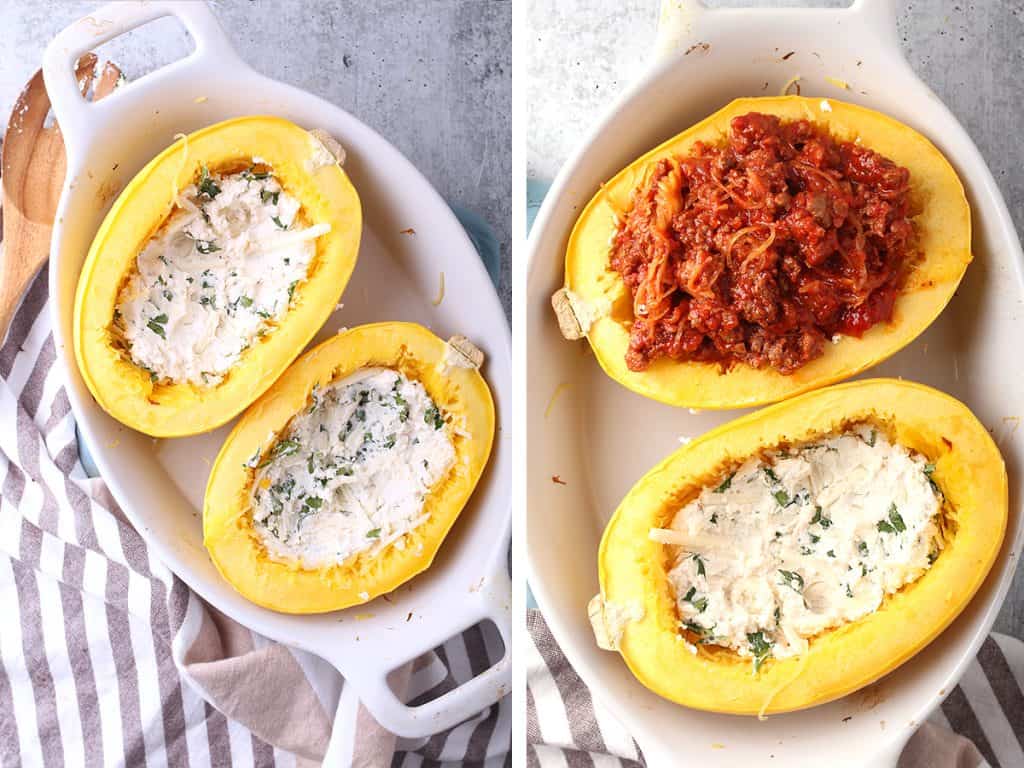 Spaghetti squash cut in half and stuffed with cheese and tomato sauce