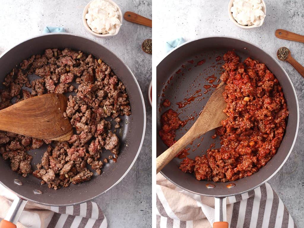 Vegan meat sauce in a large skillet