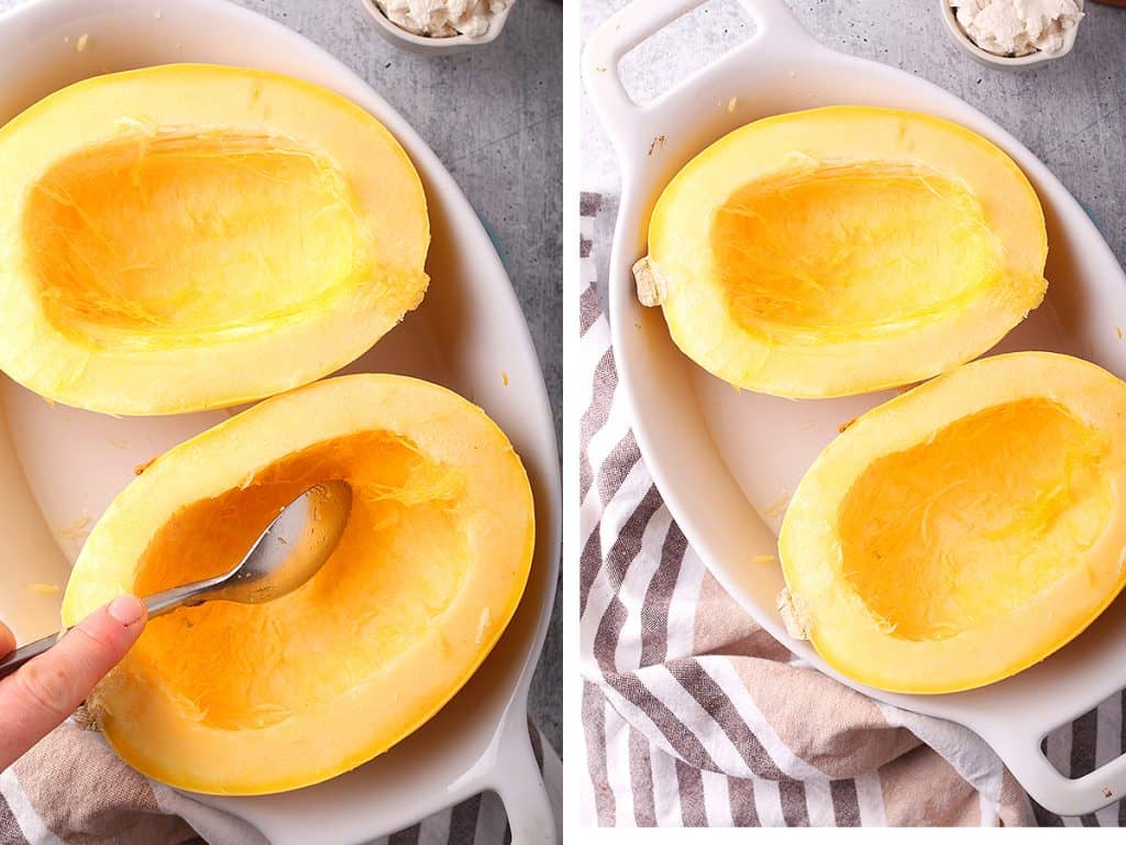 Hallowed out spaghetti squash in a white casserole dish