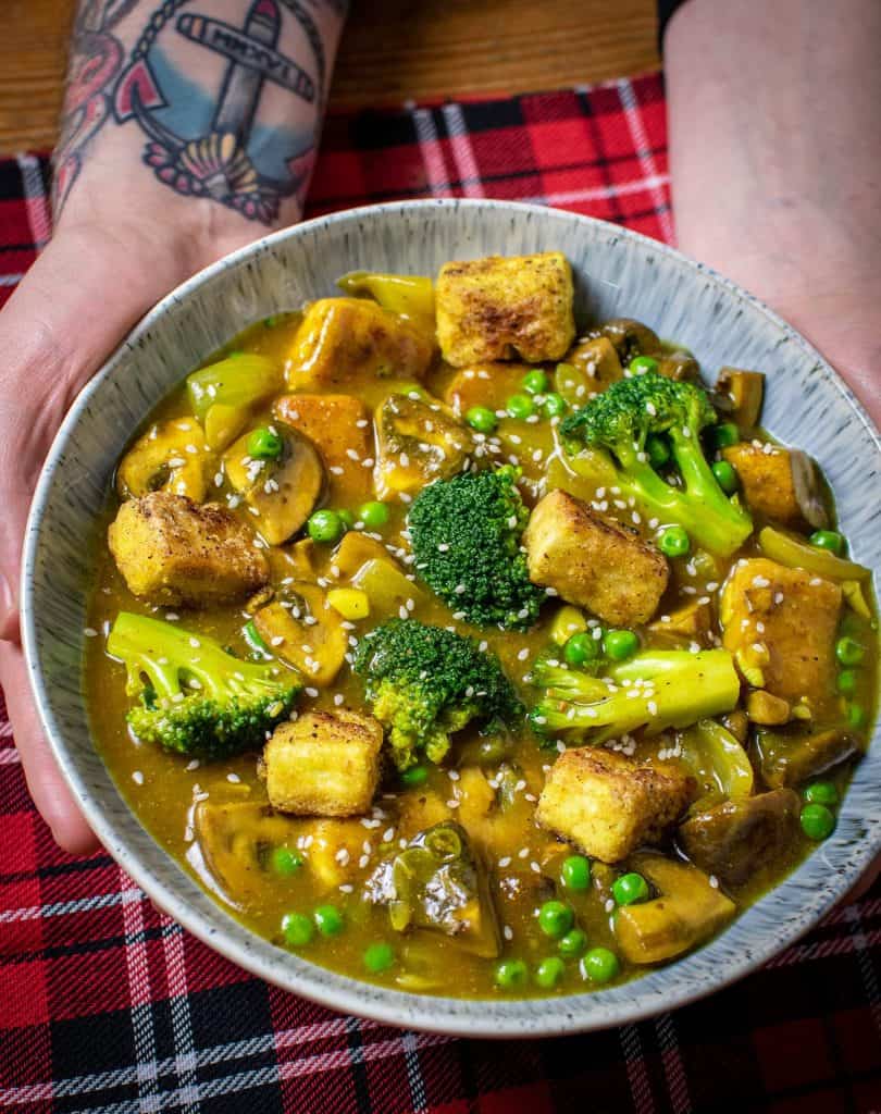 Bowl of Vegan Chinese Curry with Tofu and Broccoli