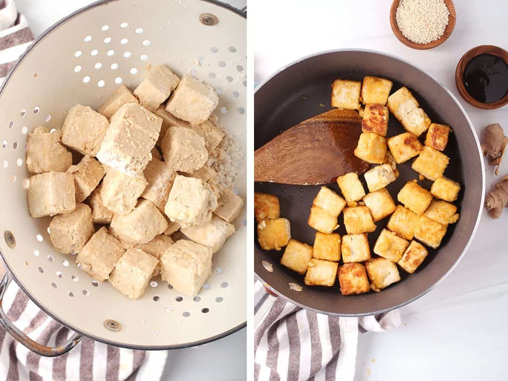side by side images of tofu in a colander with cornstarch on the left, and tofu being pan fried in a skillet on the right
