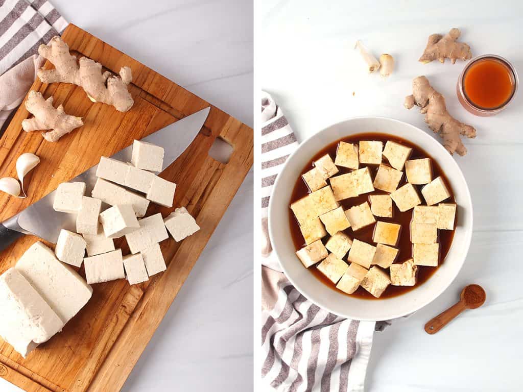 side by side images - tofu being cut into cubes on a cutting board on the left, tofu cubes marinating in a bowl on the right