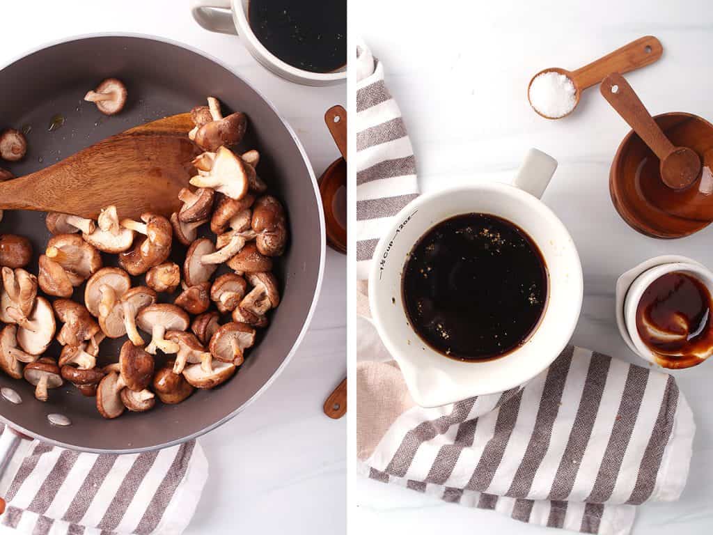 side by side image of shiitake mushrooms in a sauté pan on the left and the vegan bacon marinade ingredients stirred together in a white measuring cup on the right