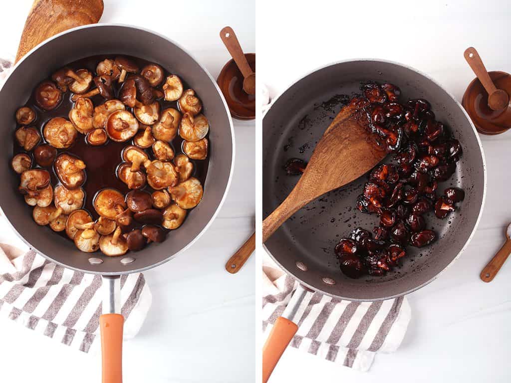 side by side image of shiitake bacon cooking as liquid was just added on the left, and completed shiitake bacon in the pan on the right