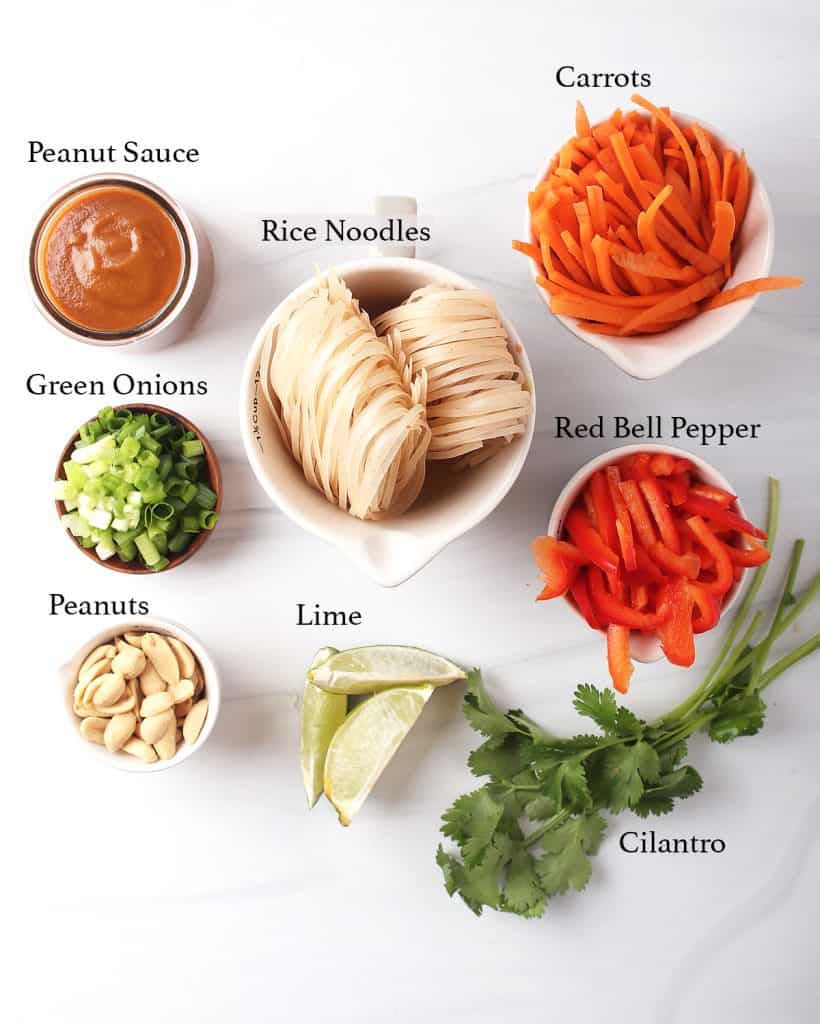 mise en place for vegan Thai peanut noodle recipe - small owls of peanut sauce, sliced green onions, peanuts, rice noodles, lime wedges, carrot and bell pepper matchsticks and fresh cilantro