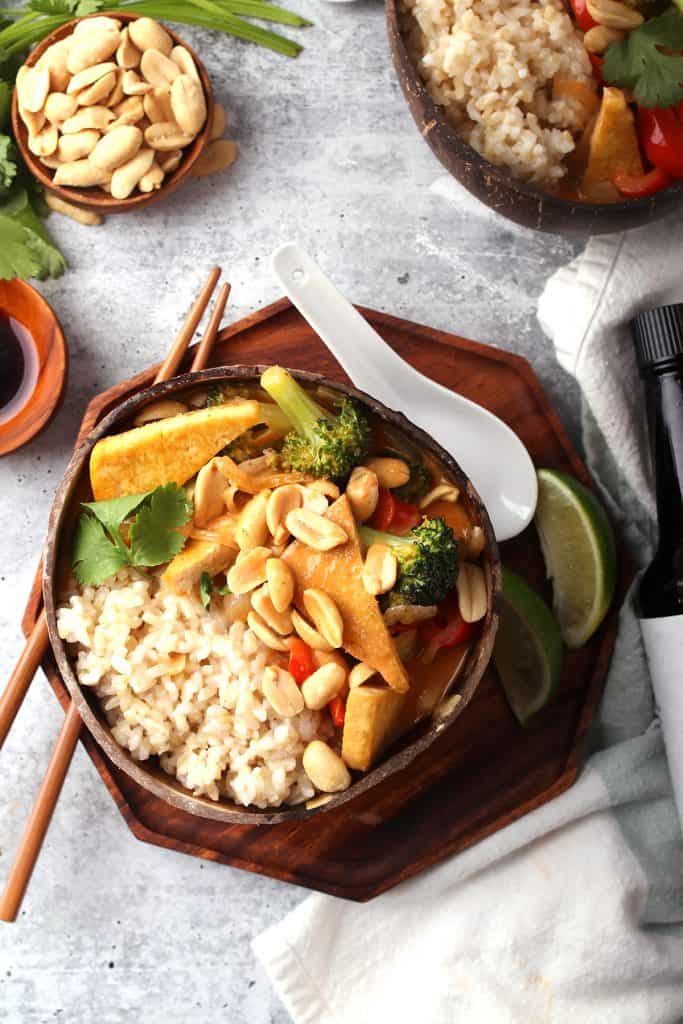 Bowl of red Thai curry served over rice.  