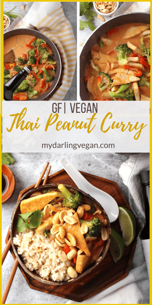 This Thai Red Curry is made with crispy tofu and sautéd red peppers and broccoli cooked in a creamy peanut red curry sauce. Serve it over rice or rice noodles for an easy vegan and gluten-free meal.