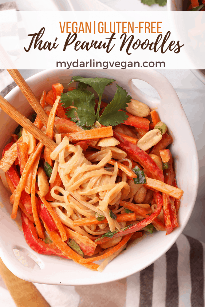 This simple recipe for vegan Peanut Noodles is ready for munching in less than 30 minutes. Talk about a weeknight dinner dream come true! Part noodle bowl and part salad, this crunchy, crisp and refreshing make ahead meal is a perfect salve for weary tastebuds. Instructions included for both gluten free and nut free versions in the post.