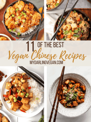 A collage of four different vegan Chinese recipes