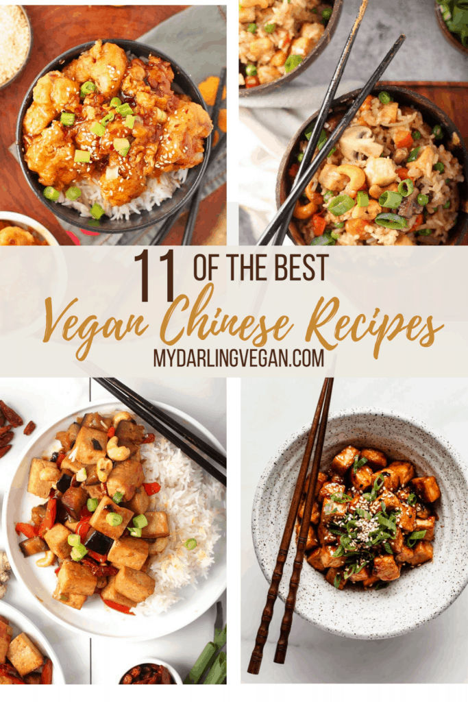 A collage of four different vegan Chinese recipes