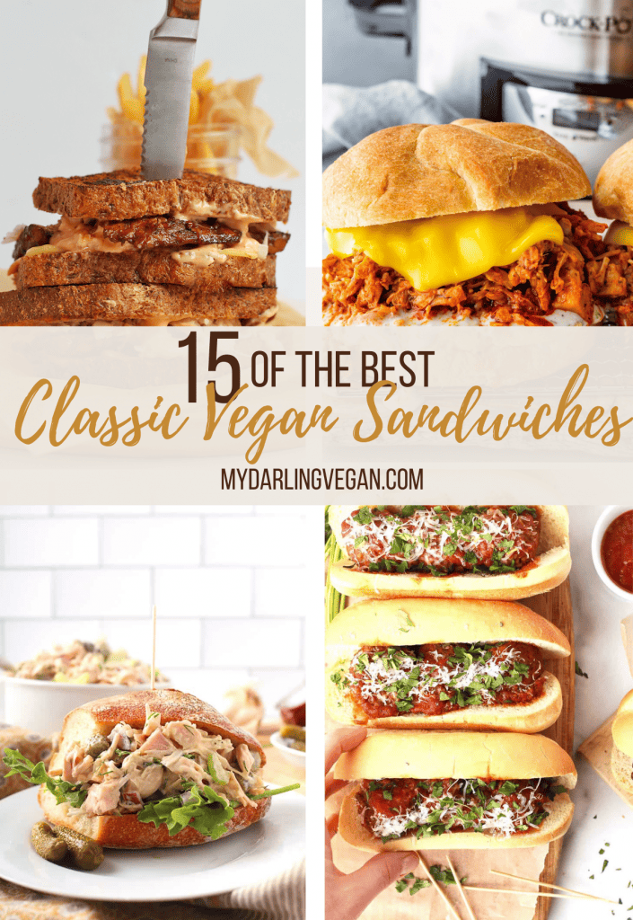 Collage of 4 different classic vegan sandwich recipes