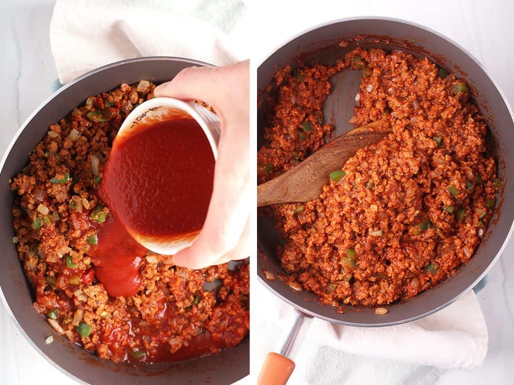side by side image of hand pouring in tomato sauce to homemade sloppy joe mix on left, and completed vegan sloppy joe sauce in skillet on right