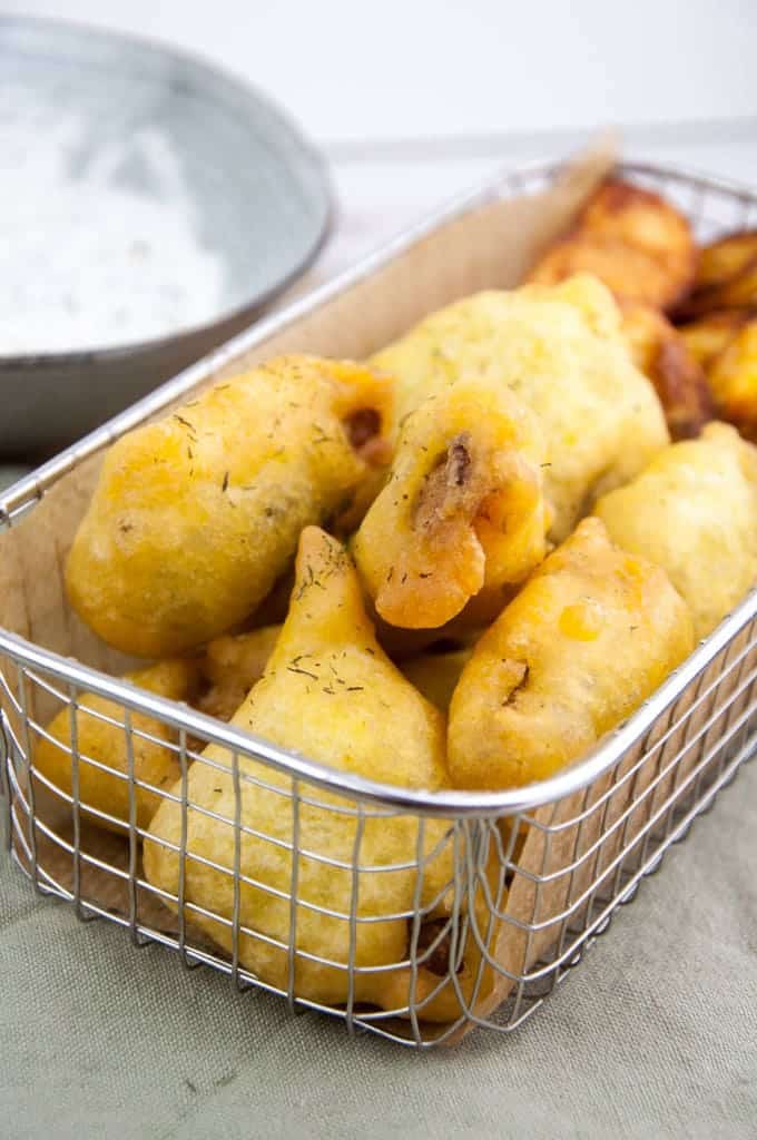 Basket of vegan fried fish made out of artichoke hearts