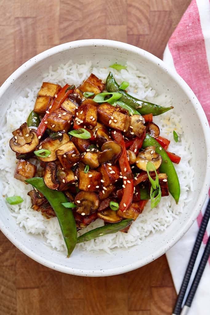 Chinese Tofu Stir fry on a plate of rice
