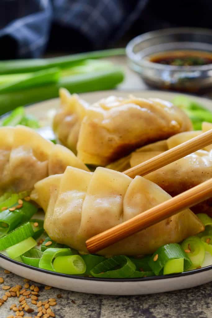 Vegan Dumplings on a bed of diced green onions