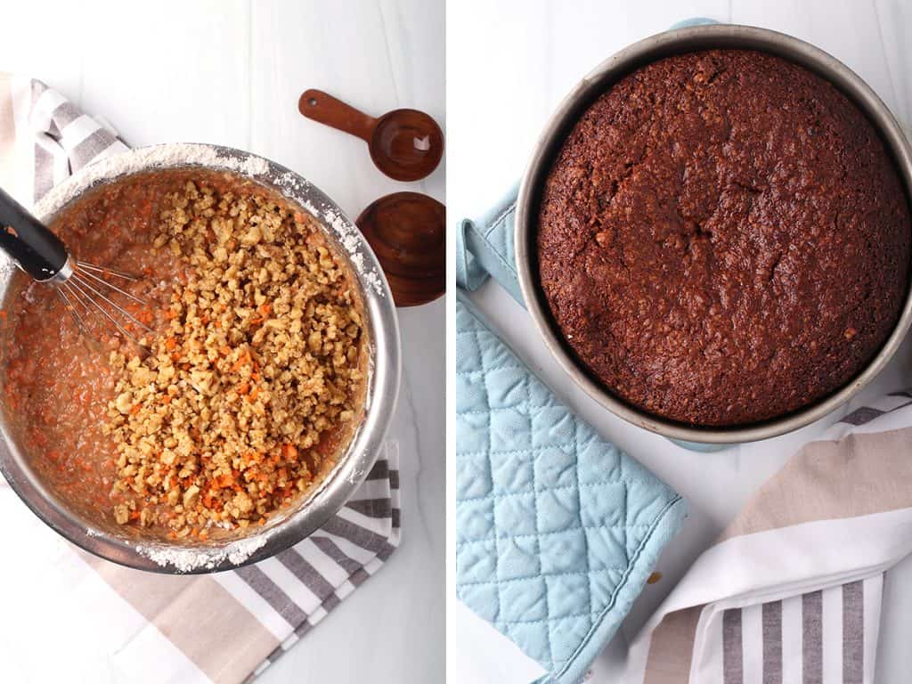 side by side images of walnuts being folded into vegan carrot cake batter on the left, and a baked vegan carrot cake in a tin on the right