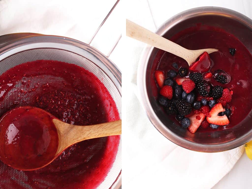 side by side images - puréed berries being strained through a mesh sieve on the left, and fresh whole berries being stirred into the sauce on the right