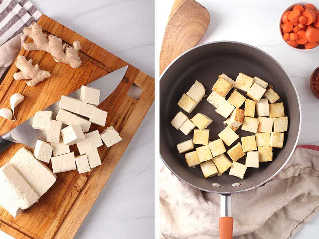 side by side image of a block of tofu being cut into cubes on a wooden cutting board on the left, and tofu cubes frying in a skillet on the right