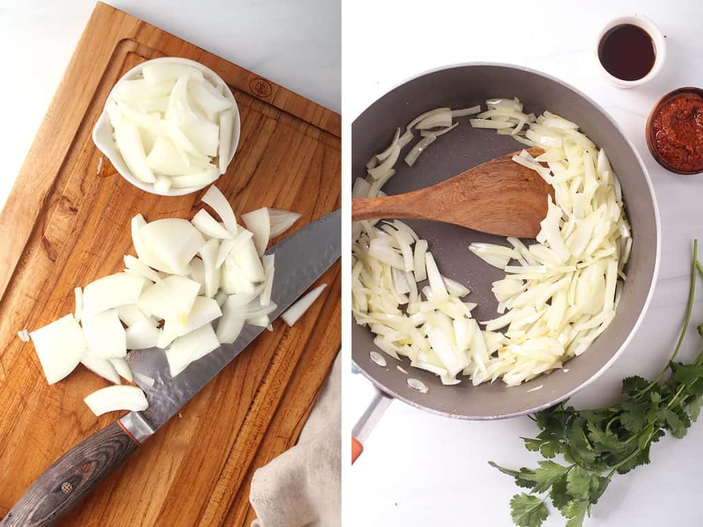 side by side image of onions being sliced on a wooden cutting board on the left, and sautéing in a skillet on the right