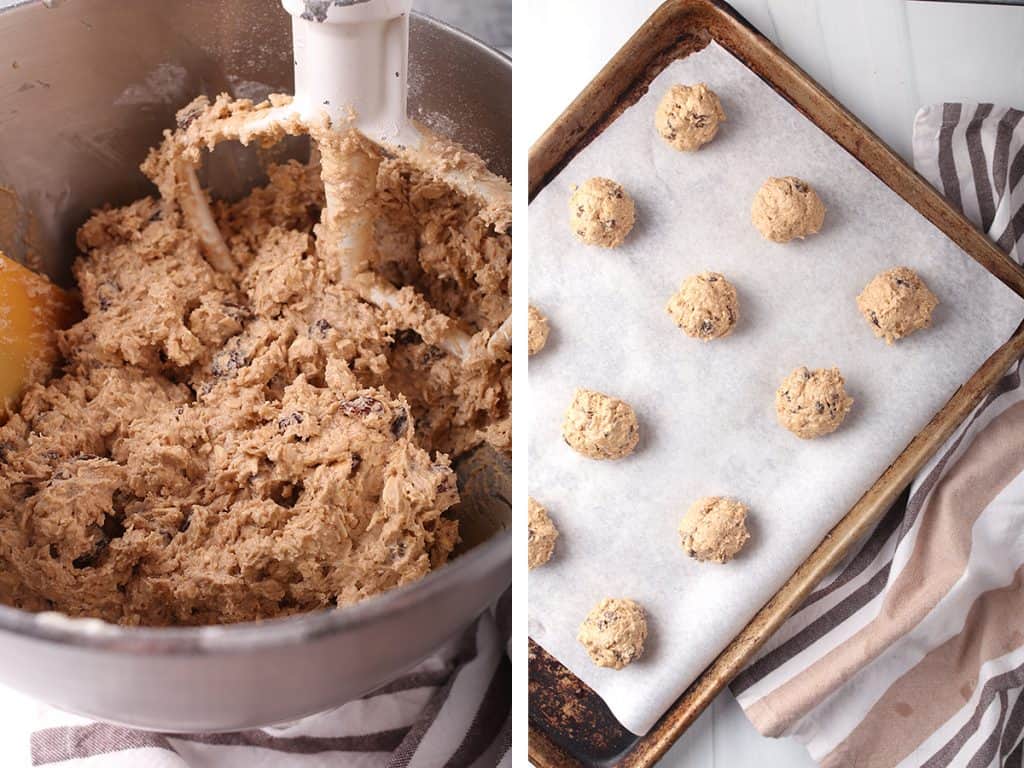 Oatmeal Raisin cookie dough rolled  out into balls and placed on a baking sheet. 