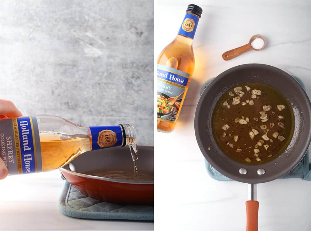 side by side image of hand pouring holland house sherry cooking wine into a red skillet on the left, and an overhead shot of the sherry reduction with garlic on the right