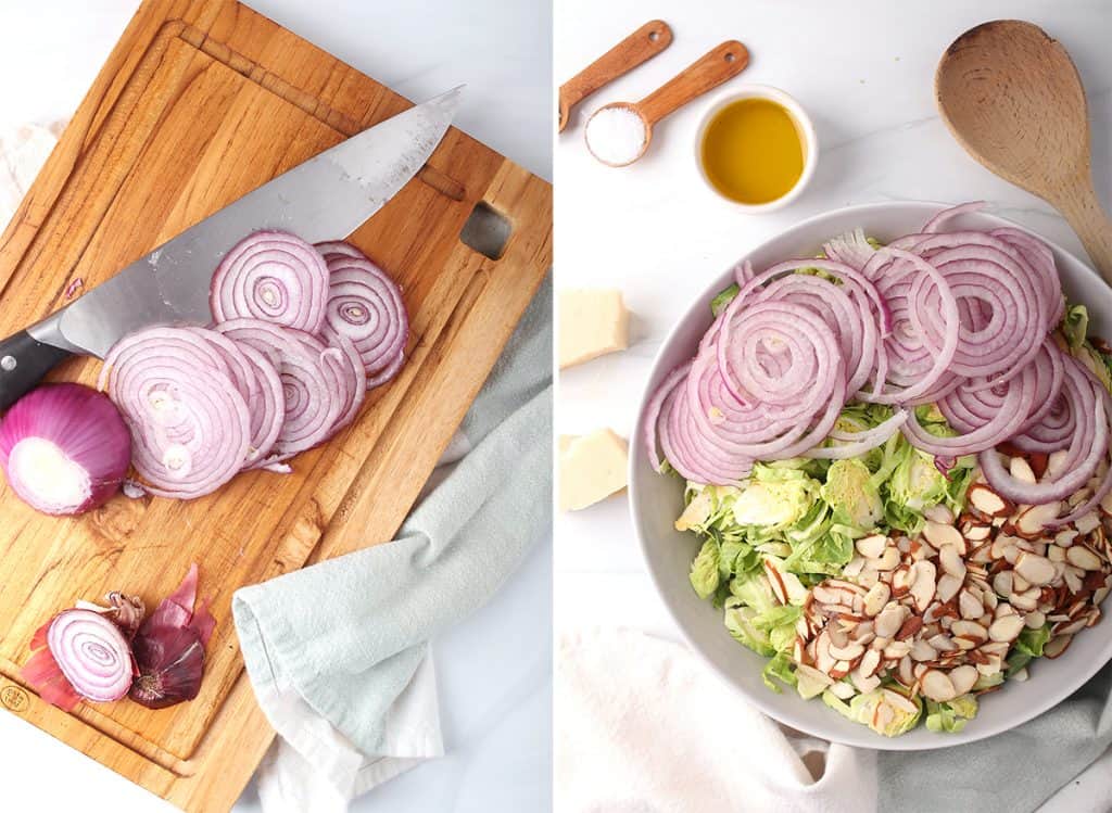 side by side image with red onion being sliced into rounds on a wood cutting board on the left, and a serving bowl with shaved brussels sprouts and sliced onions and almonds on the right