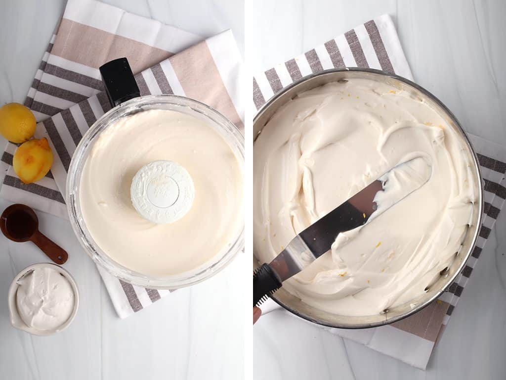 side by side images - food processor bowl filled with vegan cheesecake mix on the left, and an offset spatula smoothing the cheesecake filling into a springform pan on the right