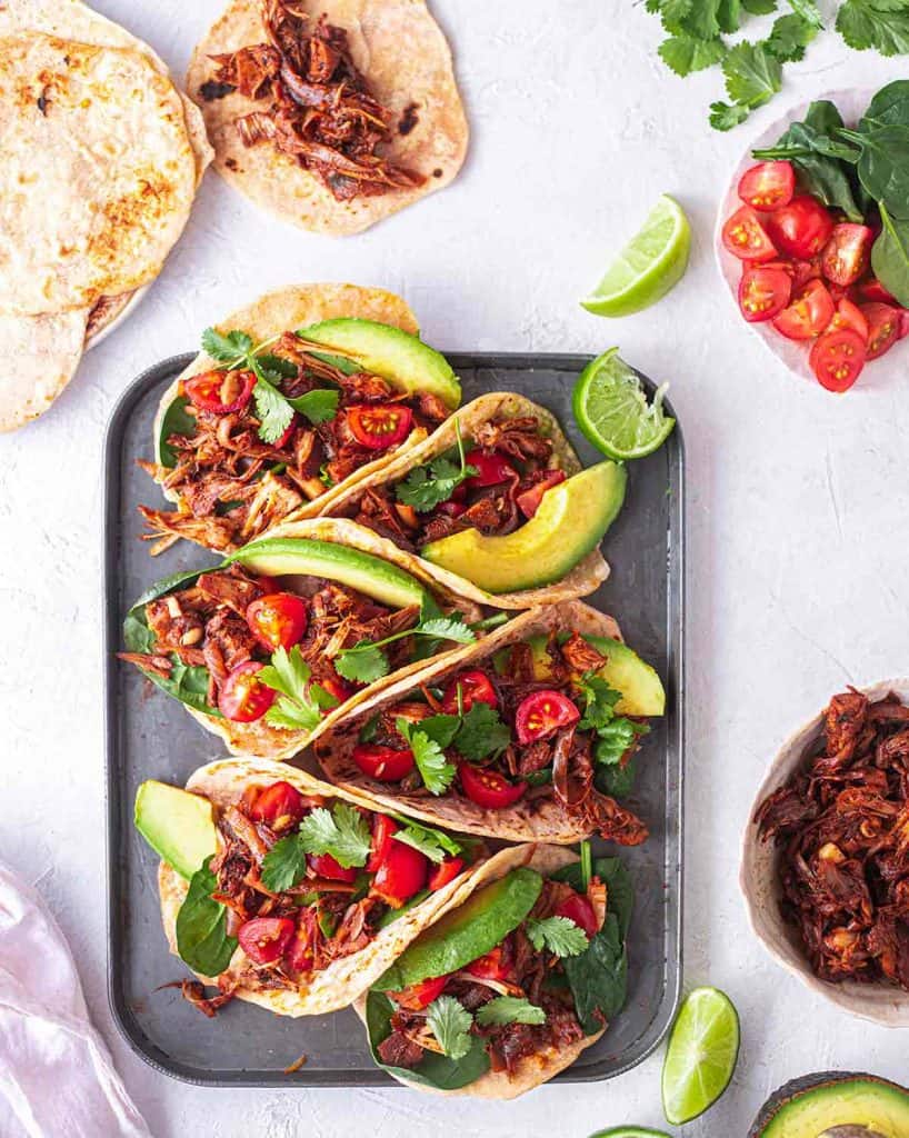 BBQ Jackfruit Tacos on a metal baking sheet