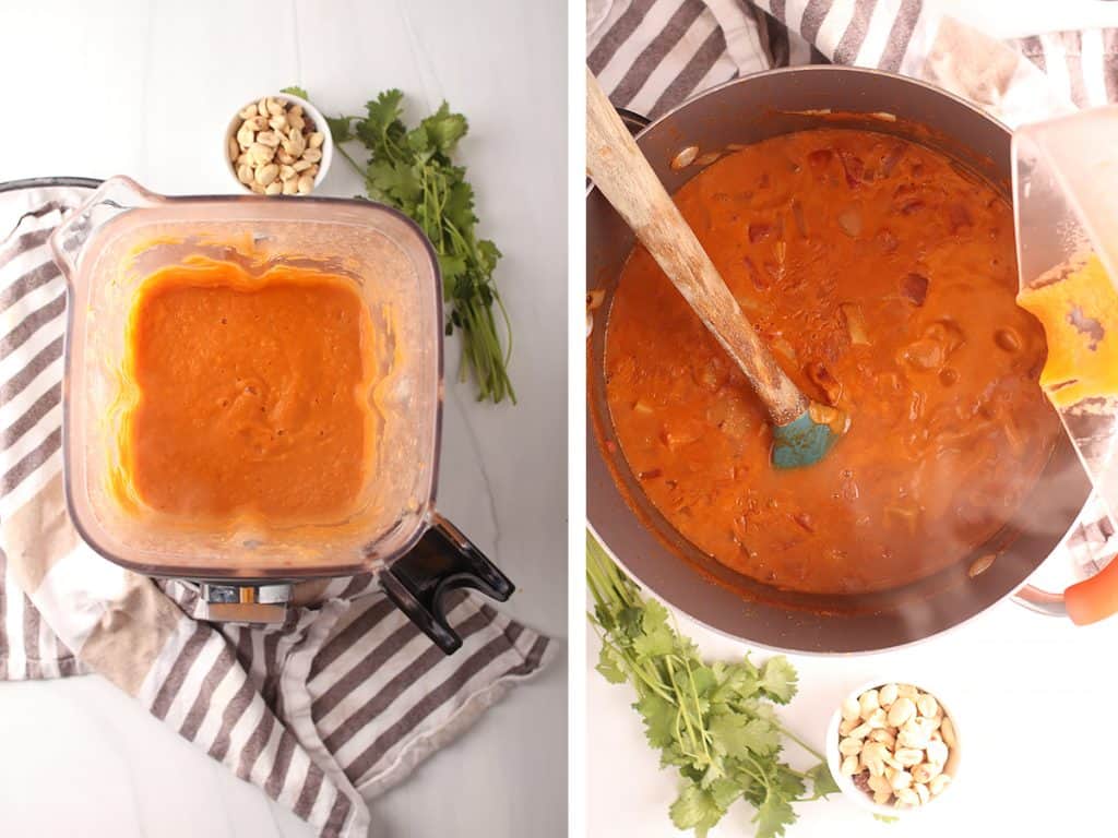 side by side images of part of the potato/broth base blended in the pitcher of a blender on the left, and the blended base added to the dutch oven on the right