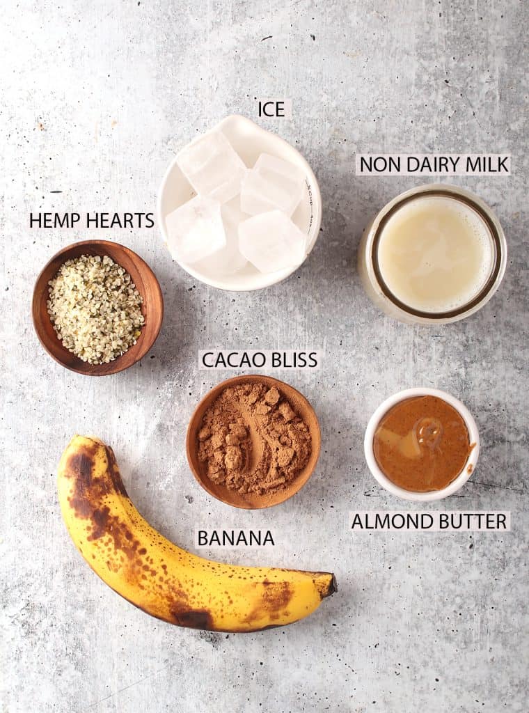 mise en place for chocolate breakfast smoothie recipe laid out on a grey table