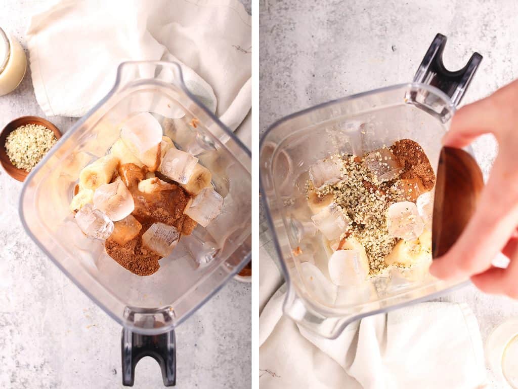 side by side images showing cacao powered chocolate breakfast smoothie ingredients being added to the pitcher of a blender